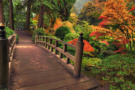 коричневый деревянный мост, осень, листья, деревья, цветы, мост, природа, парк, цвета, разноцветные, красиво, HD обои HD wallpaper