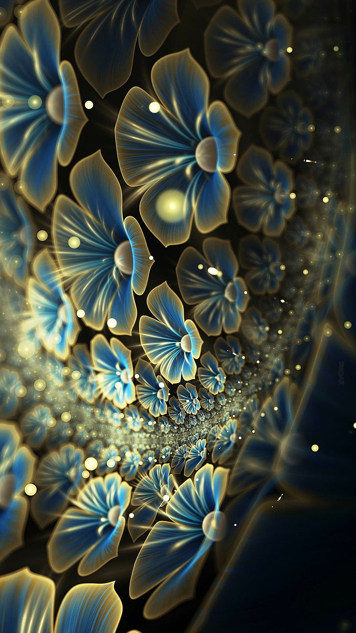 3D абстрактни цветя, синьо флорално произведение на изкуството, 3D, абстрактно 3D, бели тигри, синьо, абстрактно, цветя, HD тапет, тапет за телефон