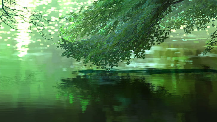 أنيمي ، أخضر ، ماكوتو شينكاي ، حديقة الكلمات ، الأشجار، خلفية HD