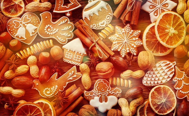 Christmas Gingerbread Cookies by PimpYourScreen, assorted nuts, Holidays, Christmas, Xmas, Sweet, Gingerbread, nuts, Cinnamon, 2014, dried orange slices, HD wallpaper