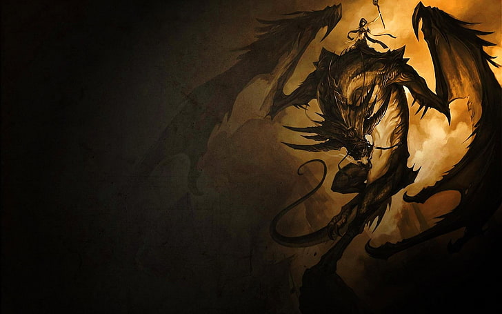 ilustração do dragão, arte da fantasia, dragão, bruxa, HD papel de parede