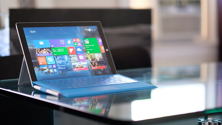 black Windows tablet turned on, Microsoft Surface Pro 3, tablet, Gen 3, laplet, Intel, table, blue, interface, review, HD wallpaper