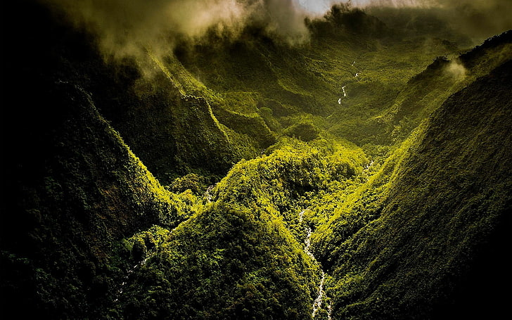 widok z lotu ptaka na zieloną górę, przyrodę, krajobraz, las deszczowy, kanion, rzekę, zieleń, góry, chmury, Tapety HD