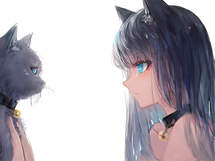 white background, collar, blue eyes, black cat, ears, tete-a-tete, art, bangs, in profile, bell, eye to eye, neko girl, neko-Chan, Kisei2, HD wallpaper