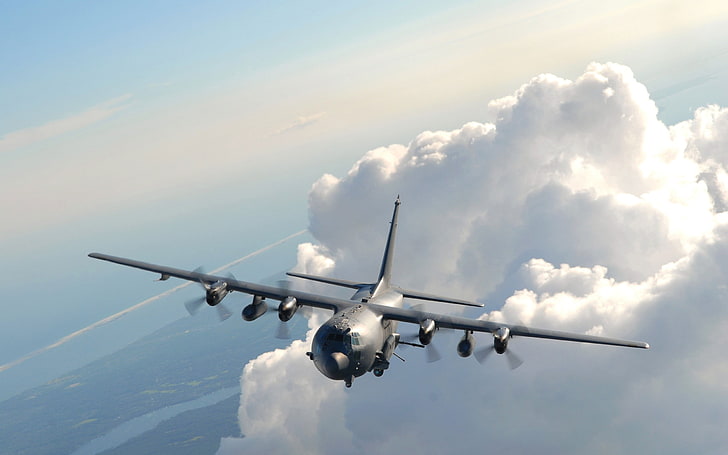 siyah ve beyaz uplight avize, AC-130, askeri uçak, uçak, bulutlar, ABD Hava Kuvvetleri, HD masaüstü duvar kağıdı