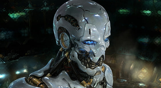 ilustração de robô branco, ficção científica, trabalho artístico, arte digital, robô, desenho, cabeça, olhos azuis, HD papel de parede HD wallpaper