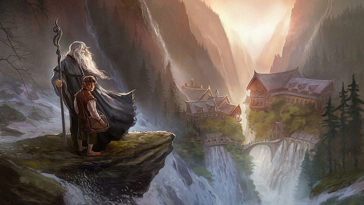 Gandalf e Bilbo Bolseiro - O Hobbit, a pintura do hobbit, artística, 1920x1080, o senhor dos anéis, lotr, gandalf, o hobbit, bilbo bolseiro, HD papel de parede