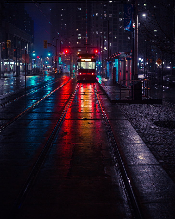 Trolley, Stop, City, Evening, Lighting, HD wallpaper