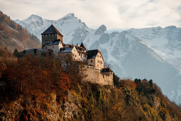castle, landscape, Liechtenstein, mountains, nature, snow, Vaduz Castle, HD wallpaper