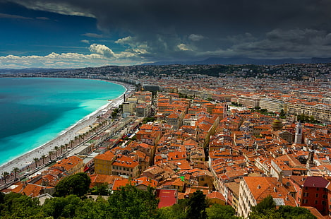 Ница, Франция, град, небе, облаци, град, планини, Франция, къщи, покрив, бряг, море, Ница, HD тапет HD wallpaper