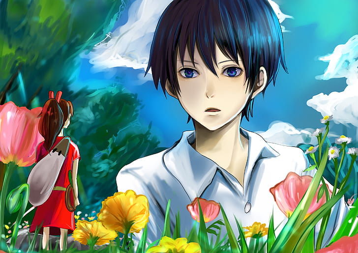 the sky, grass, girl, clouds, trees, flowers, anime, art, guy, Arietti from the country of lilliput, Arrietty, Karigurashi no Arrietty, The Secret World of Arrietty, ue san, Shou, HD wallpaper
