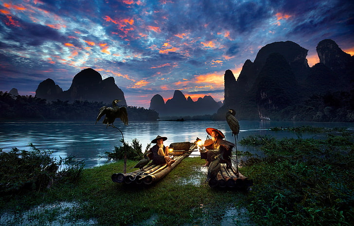 kuşlar, nehir, tekneler, akşam, ışıklar, Çin, balıkçılar, karabatak, ilçe Guangxi katıldı, HD masaüstü duvar kağıdı