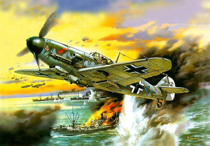 Messerschmitt, Messerschmitt Bf-109, Perang Dunia II, Jerman, pesawat militer, Luftwaffe, pertempuran, asap, api, kapal, ilustrasi, Wallpaper HD