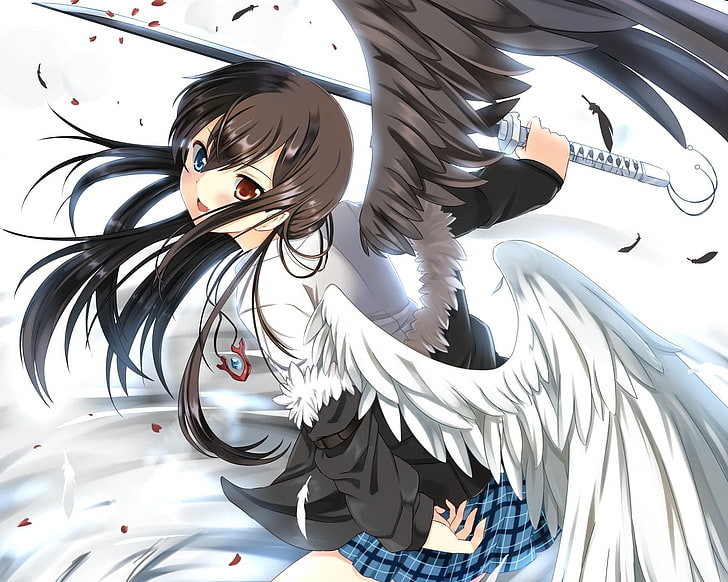 woman wearing white and black dress holding sword illustration, bellezza felutia, bicolored, girl, brunette, different eyes, wings, feathers, sword, HD wallpaper