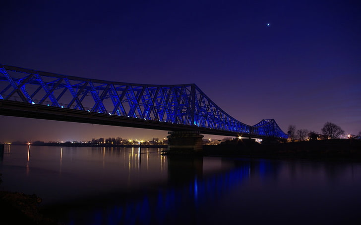 blue concrete bridge, bridge, night, blue, sky, lights, water, dark, reflection, HD wallpaper