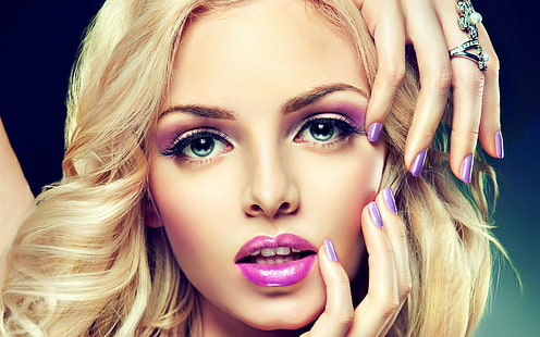 Kobieta, twarz, makijaż, blondynka, pomalowane paznokcie, pierścionki, kobieta, twarz, makijaż, blondynka, pomalowane paznokcie, pierścionki, Tapety HD HD wallpaper