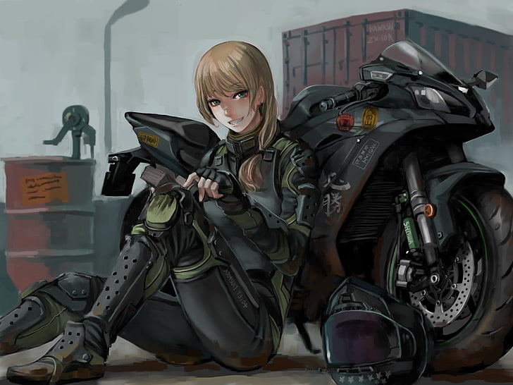 anime girl, smiling, bodysuit, motorcycle, blonde, armored, Anime, HD wallpaper