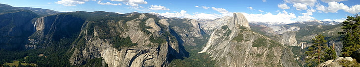 gray and green mountain range, multiple display, Yosemite National Park, triple screen, HD wallpaper