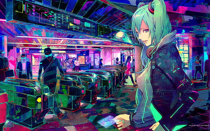blue hared anime illustration, cyberpunk, headphones, Vocaloid, train station, pink, Hatsune Miku, metro, artwork, women, anime girls, anime, HD wallpaper