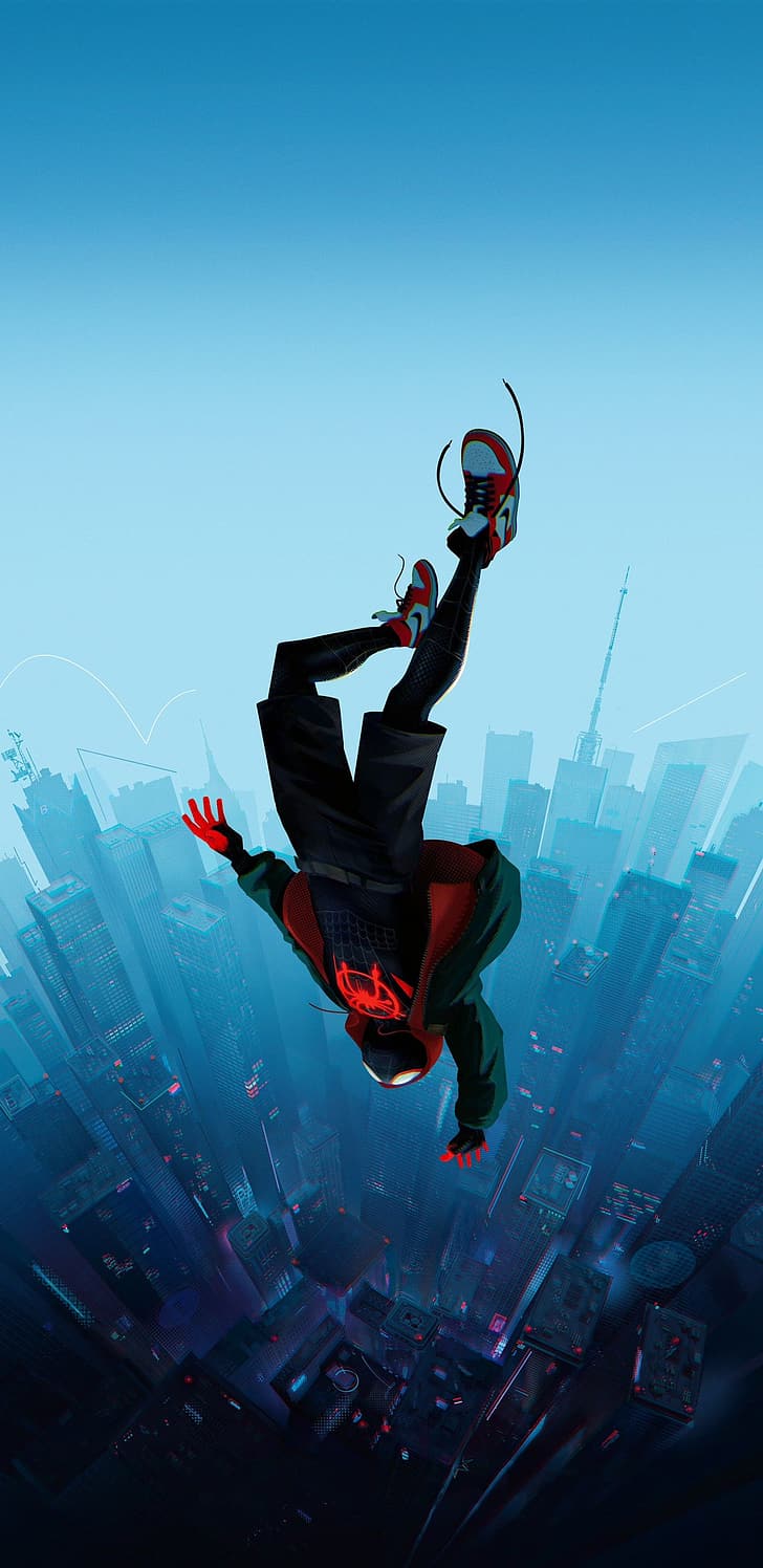 Spider-Man: Into the Spider-Verse, Spider-Man, Miles Morales, filmy, miasto, spadające, pionowe, Tapety HD, tapety na telefon