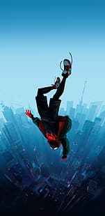 Человек-паук: В стихах-пауках, Человек-паук, Майлз Моралес, фильмы, город, падение, вертикаль, HD обои HD wallpaper