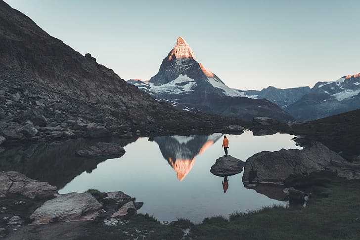 góry, jezioro, skały, ludzie, góry, Szwajcaria, szczyt, Matterhorn, Alpy Pennińskie, Tapety HD