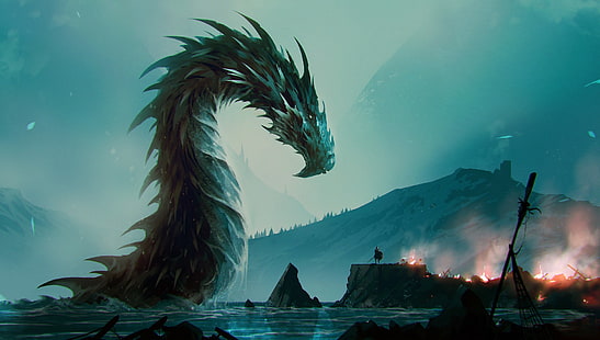 иллюстрация дракона, фэнтези арт, вода, дракон, HD обои HD wallpaper