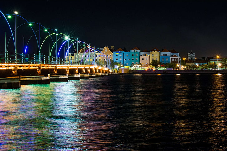buildings, curacao, lights, night, pontjesbrug, pontoon bridge, queen emma bridge, river, HD wallpaper