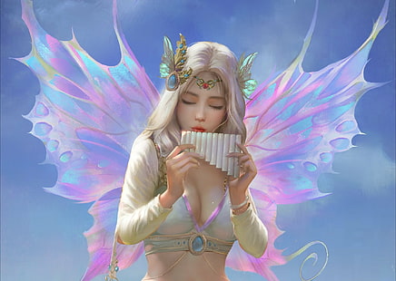 Fantasy, Fairy, Flute, Girl, White Hair, Wings, Woman, HD wallpaper HD wallpaper