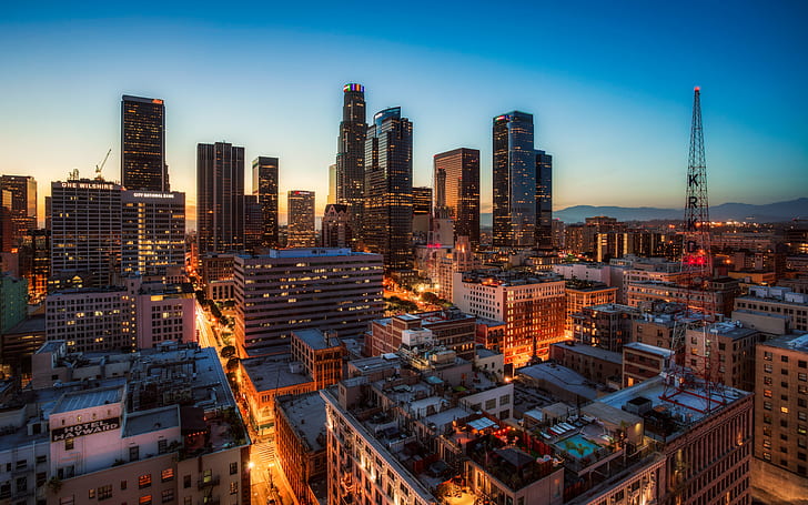 timelapse photography of city skyline during night, Downtown LA, Rooftop, timelapse photography, city, skyline, night, Downtown  LA, Los Angeles  Downtown, Downtown Los Angeles, Angeles  City, Cityscape, HDR, 32-bit, canon 5d mark iii, mark 3, dusk, blue hour, sunset, highrise, skyscraper, urban Skyline, architecture, urban Scene, downtown District, famous Place, illuminated, building Exterior, built Structure, tower, HD wallpaper