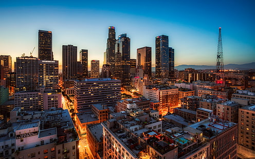 timelapse photography of city skyline during night, Downtown LA, Rooftop, timelapse photography, city, skyline, night, Downtown  LA, Los Angeles  Downtown, Downtown Los Angeles, Angeles  City, Cityscape, HDR, 32-bit, canon 5d mark iii, mark 3, dusk, blue hour, sunset, highrise, skyscraper, urban Skyline, architecture, urban Scene, downtown District, famous Place, illuminated, building Exterior, built Structure, tower, HD wallpaper HD wallpaper
