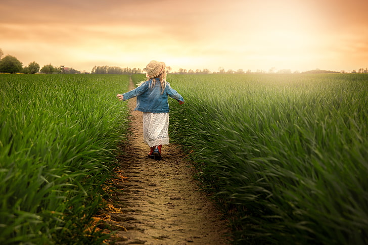 enfant en bas âge filles se promène sur le sol entouré d'herbe verte au cours de l'heure d'or, enfant, champ, herbe, chemin, promenade, Fond d'écran HD