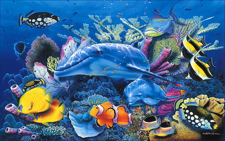 клоун рыба иллюстрация, море, рыба, дельфин, синий, аквариум, красиво, христианские, риз, HD обои