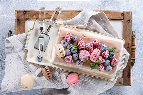 Еда, мороженое, ягода, черника, десерт, макарон, натюрморт, HD обои HD wallpaper