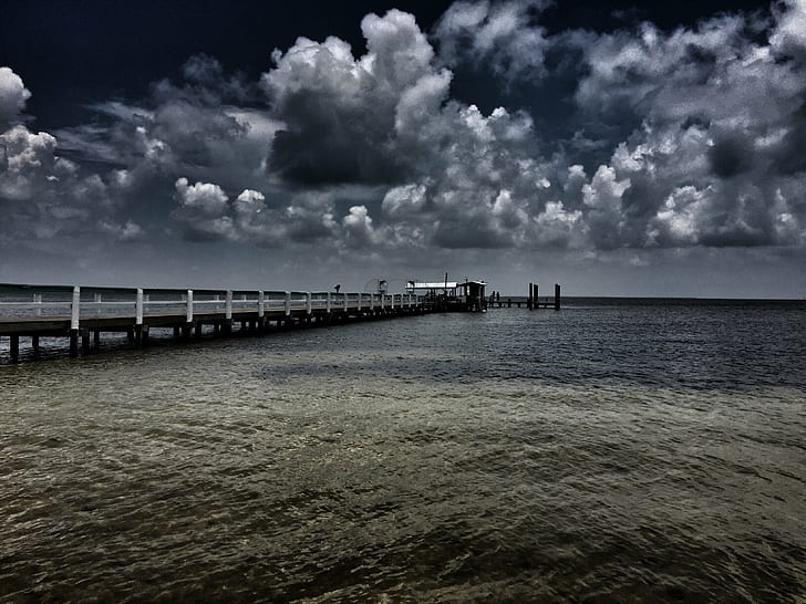 photo of sea dock under nimbus clouds, pier, Pine Island, photo, sea, dock, nimbus, clouds, Gulf of Mexico, beach, nature, jetty, water, sky, coastline, cloud - Sky, HD wallpaper