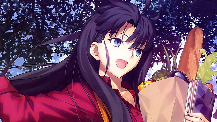 Fate/Stay Night Rin wallpaper, woman anime character, Tohsaka Rin, Fate Series, black hair, long hair, open mouth, blue eyes, shirt, bread, Pepper, vegetables, bangs, women outdoors, Type-Moon, leaves, trees, newspapers, happy, solo, anime girls, looking away, anime, brunette, smiling, food, sky, clouds, HD wallpaper