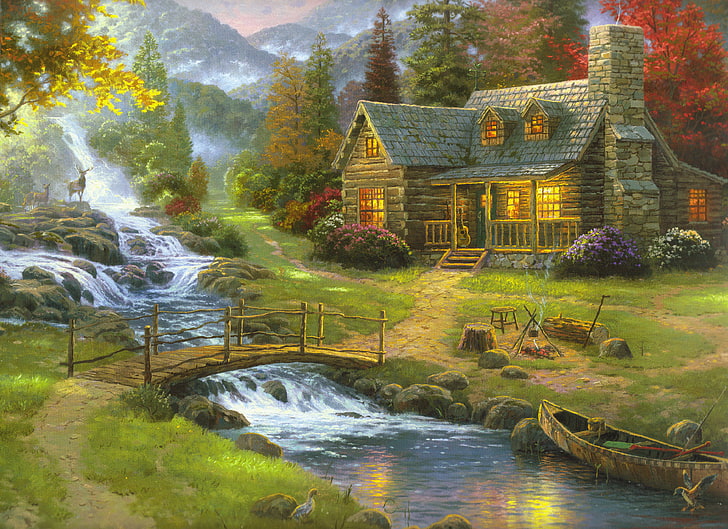 къщи следваща река и дървета живопис, гора, природа, мъгла, къща, река, лодка, фигура, китара, картина, изкуство, рисунки, снимки, живопис, елен, мостът, огънят, планина, Томас Кинкаде, планински рай, дървени, HD тапет