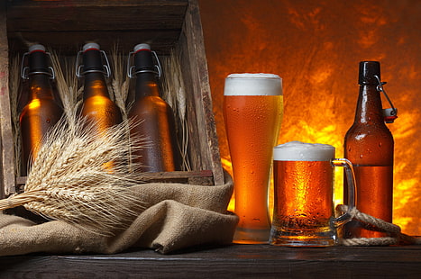 Alkohol, Flaschen, Glas, Bier, Holz, Ährchen, Getreide, Wassertropfen, Kälte, Kisten, HD-Hintergrundbild HD wallpaper