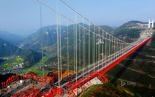 Aizhai Bridge, Hunan, China, Aizhai Bridge, Hunan, China, the sky, bing, mountains, river, forest, bridge, HD wallpaper HD wallpaper