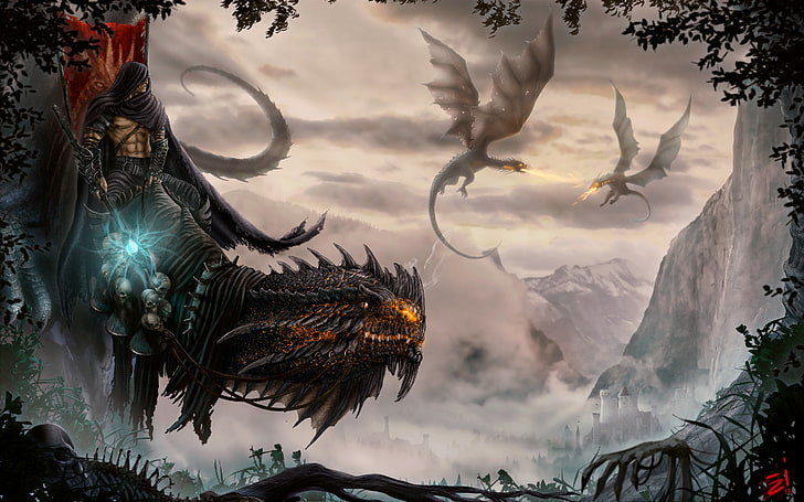 dragons illustration, dragon, fantasy art, skull, HD wallpaper