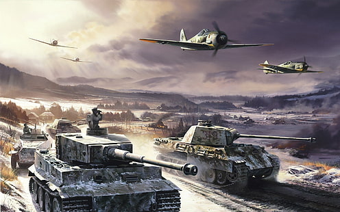 battle tanks and planes digital wallpaper, winter, Tiger, Germany, aircraft, Panther, Army, history, tanks, the Germans, The second world war, German technology, HD wallpaper HD wallpaper