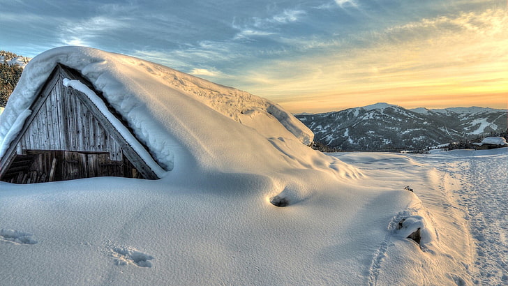 Winter, Schnee, Himmel, Stille, Einfrieren, Wolke, Ruhe, Berg, Hütte, Hütte, Gebirgskette, schneebedeckt, Sonnenlicht, HD-Hintergrundbild