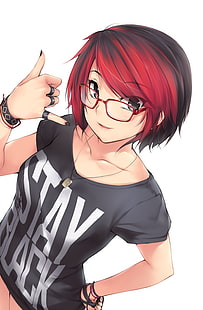anime kızlar, kısa saç, kızıl saçlı, gözlük, HD masaüstü duvar kağıdı HD wallpaper