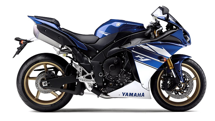 синий и белый спортивный мотоцикл Yamaha, yamaha, мотоцикл, синий, yamaha r1, HD обои
