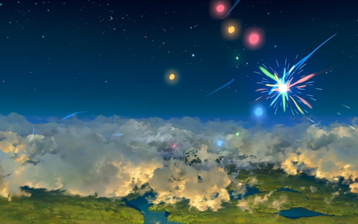 digital art, fireworks, sky, clouds, HD wallpaper