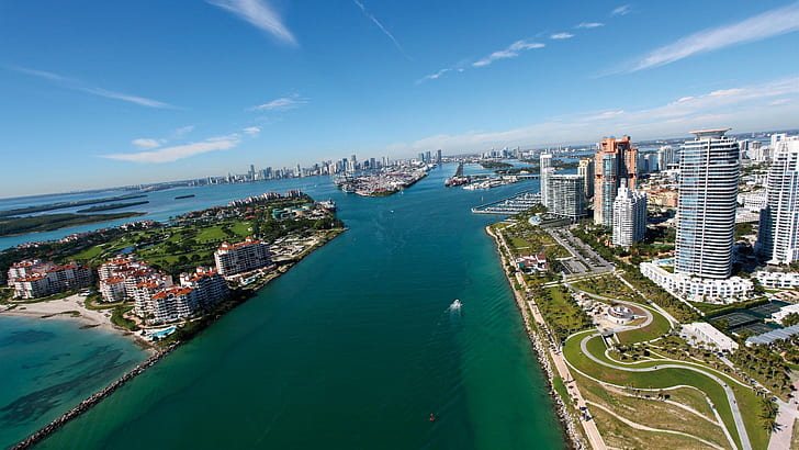 ميامي ، فلوريدا ، سيتي سكيب ، البحر ، المنظر الجوي، خلفية HD