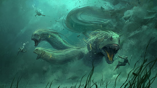Фэнтези, Морской монстр, Битва, Существо, Подводный мир, Воин, HD обои HD wallpaper