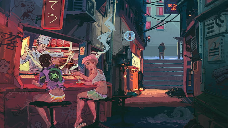 two woman sitting in front of store artwork, artwork, cyberpunk, HD wallpaper