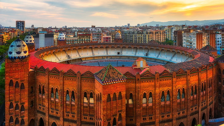 アリーナ、歴史的、歴史、カタロニア、プラザモニュメンタルデバルセロナ、ヨーロッパ、スペイン、バルセロナ、スタジアム、ラモニュメンタル、ランドマーク、円形劇場、夜、観光、観光名所、都市の景観、空、都市、構造、 HDデスクトップの壁紙