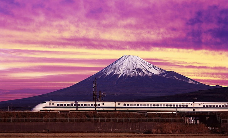 Mount Fuji, train, landscape, Japan, HD wallpaper